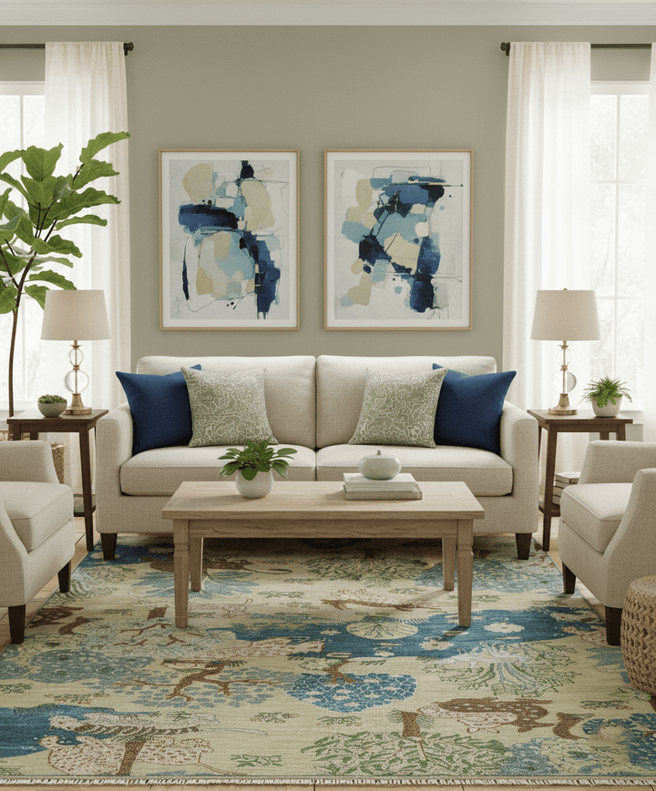 The Jungle Pond Custom Made Blue And Beige Hand Knotted Wool Area Rug - The Rug Decor