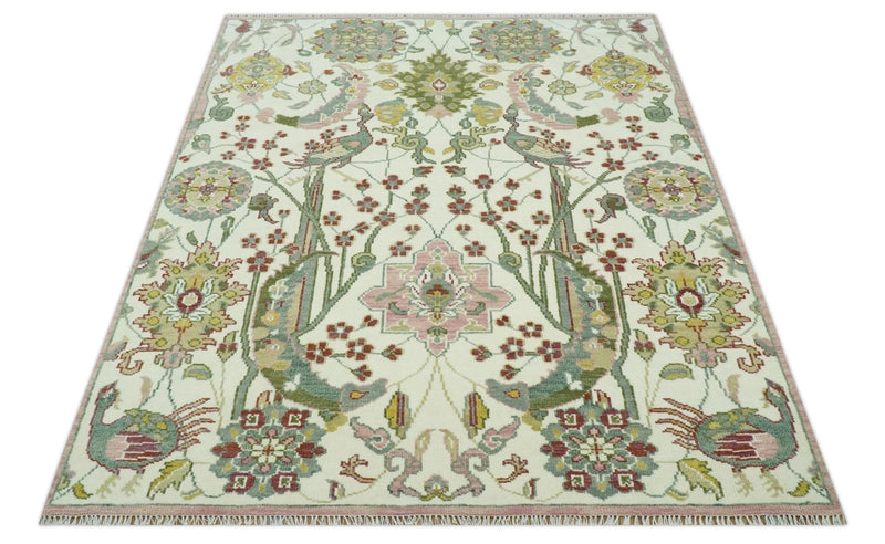 The Peacock Garden Ivory and Green Bird Hand Knotted Multi size Wool Area Rug - The Rug Decor