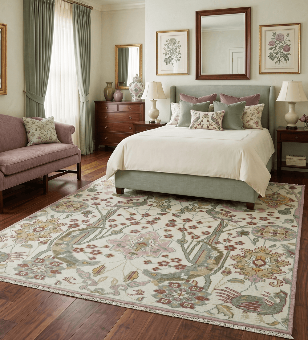 The Peacock Garden Ivory and Green Bird Hand Knotted Multi size Wool Area Rug - The Rug Decor