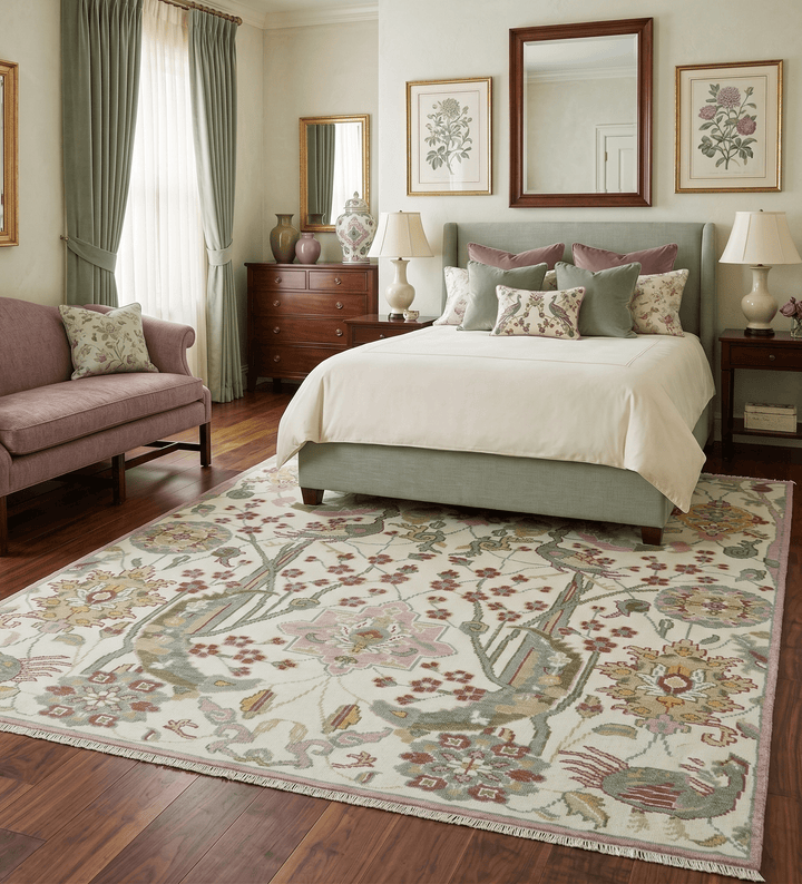 The Peacock Garden Ivory and Green Bird Hand Knotted Multi size Wool Area Rug - The Rug Decor