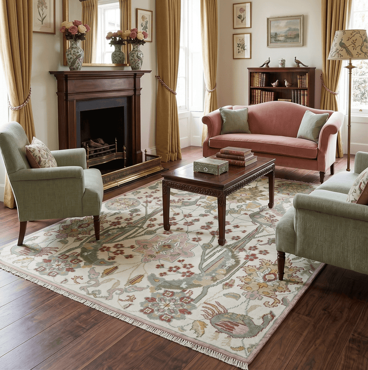 The Peacock Garden Ivory and Green Bird Hand Knotted Multi size Wool Area Rug - The Rug Decor