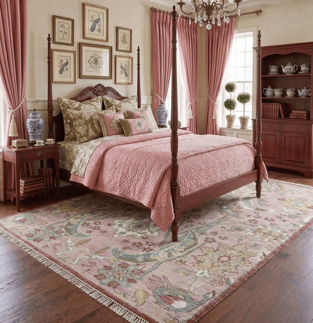 The Peacock Garden Pink and Green Peacock Bird Hand Knotted Multi size Wool Area Rug - The Rug Decor