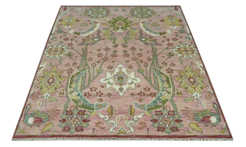 The Peacock Garden Pink and Green Peacock Bird Hand Knotted Multi size Wool Area Rug - The Rug Decor