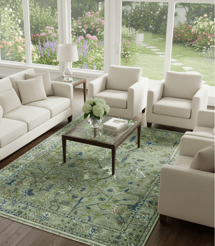 The Plants and Roots Green Hand Knotted Traditional Custom Made Wool Area Rug - The Rug Decor