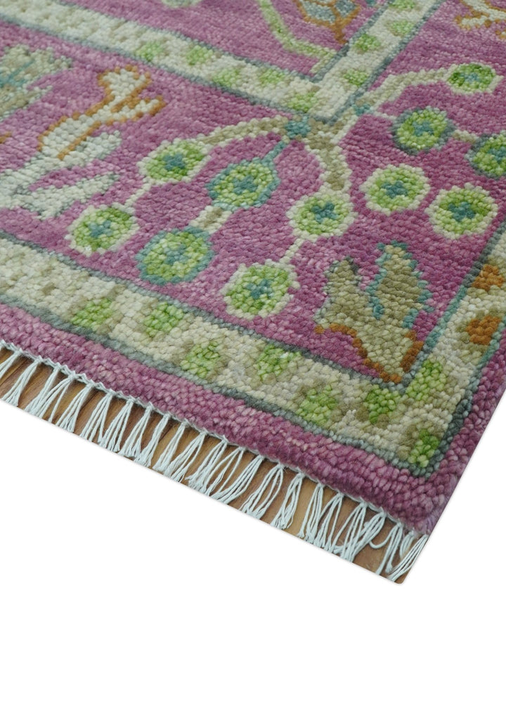 The Plants and Roots Pink and Green Hand Knotted Traditional Custom Made Wool Rug - The Rug Decor