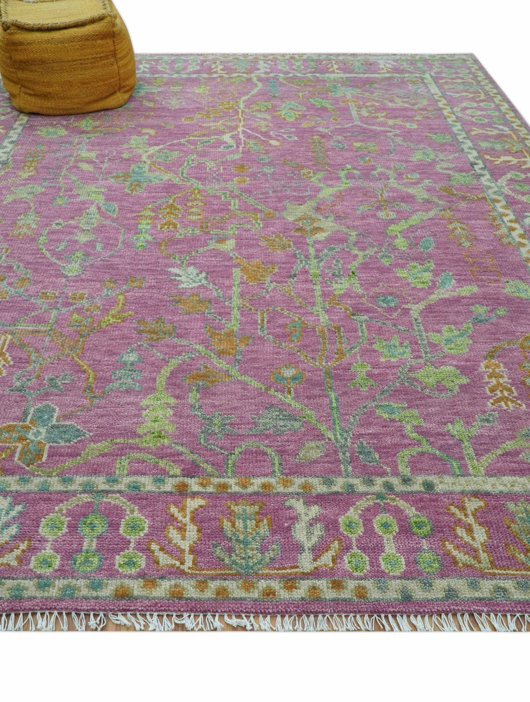 The Plants and Roots Pink and Green Hand Knotted Traditional Custom Made Wool Rug - The Rug Decor