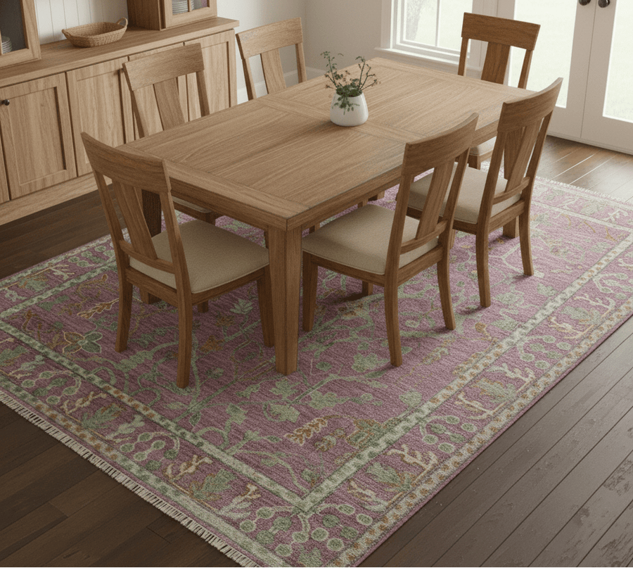 The Plants and Roots Pink and Green Hand Knotted Traditional Custom Made Wool Rug - The Rug Decor