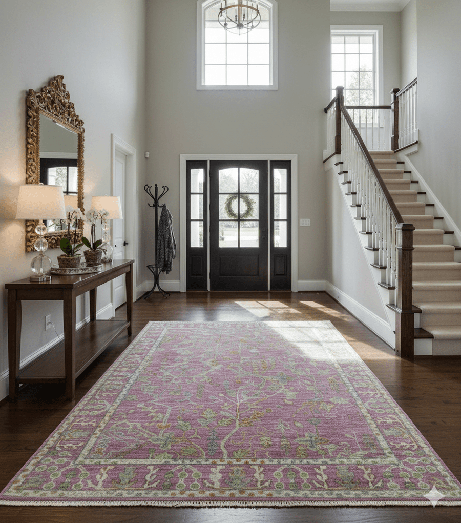 The Plants and Roots Pink and Green Hand Knotted Traditional Custom Made Wool Rug - The Rug Decor