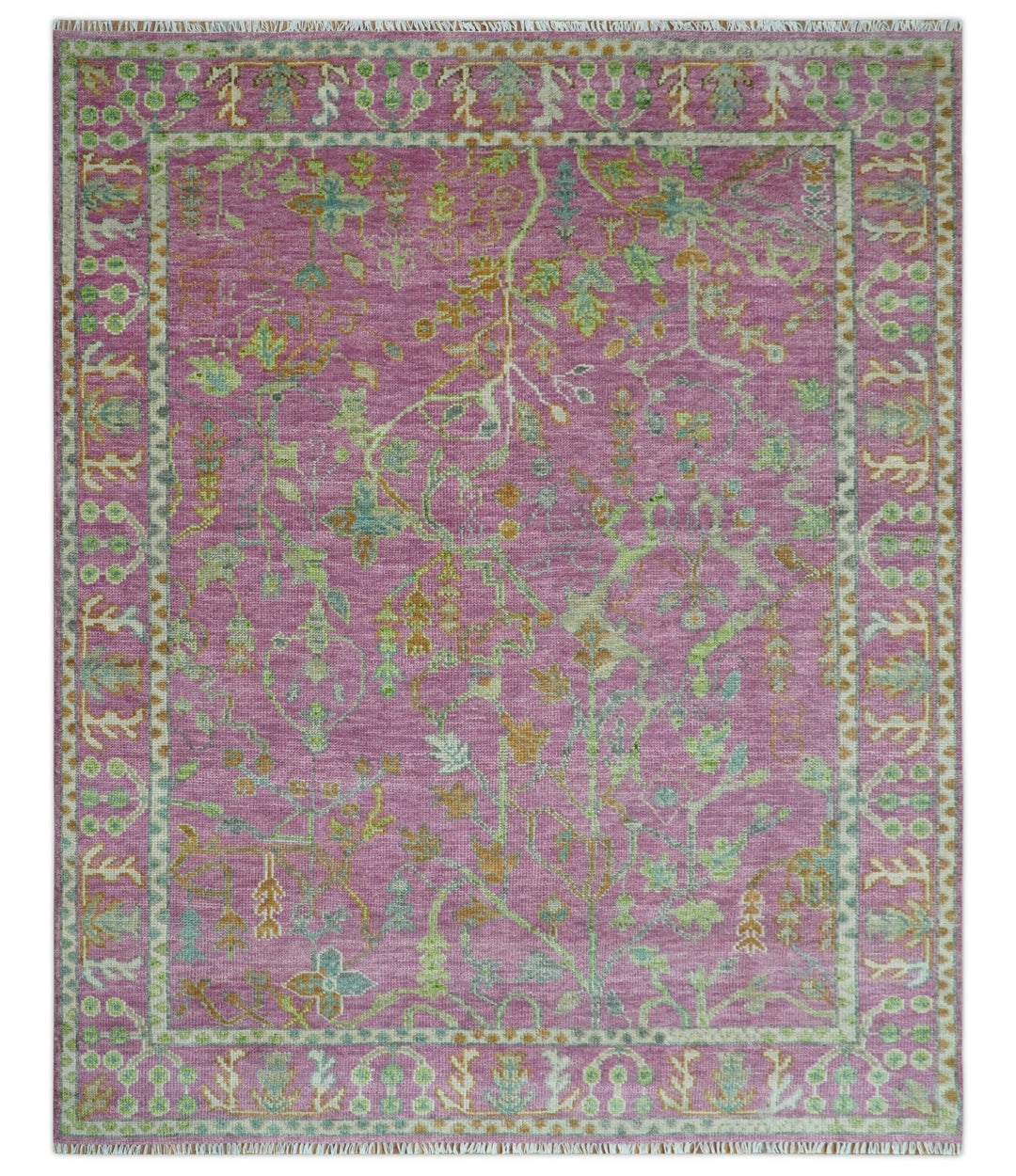 The Plants and Roots Pink and Green Hand Knotted Traditional Custom Made Wool Rug - The Rug Decor