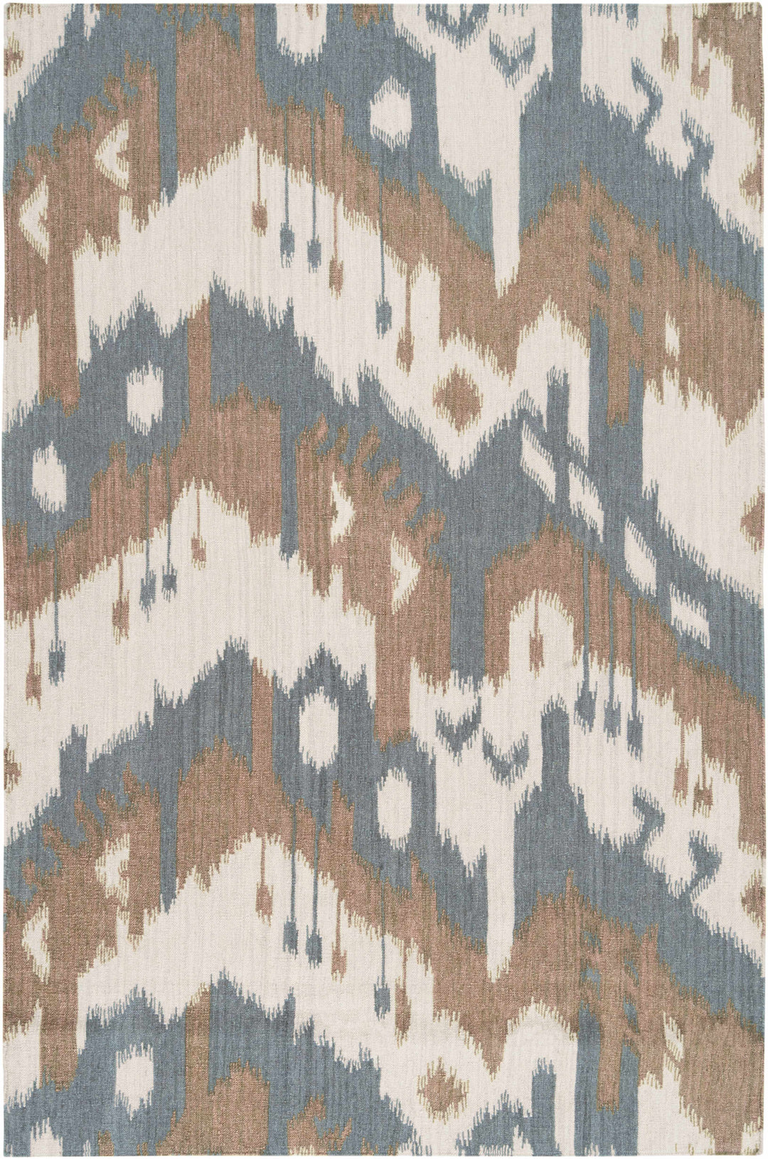 Contemporary area rug with cream, beige, brown, and blue abstract zigzag pattern