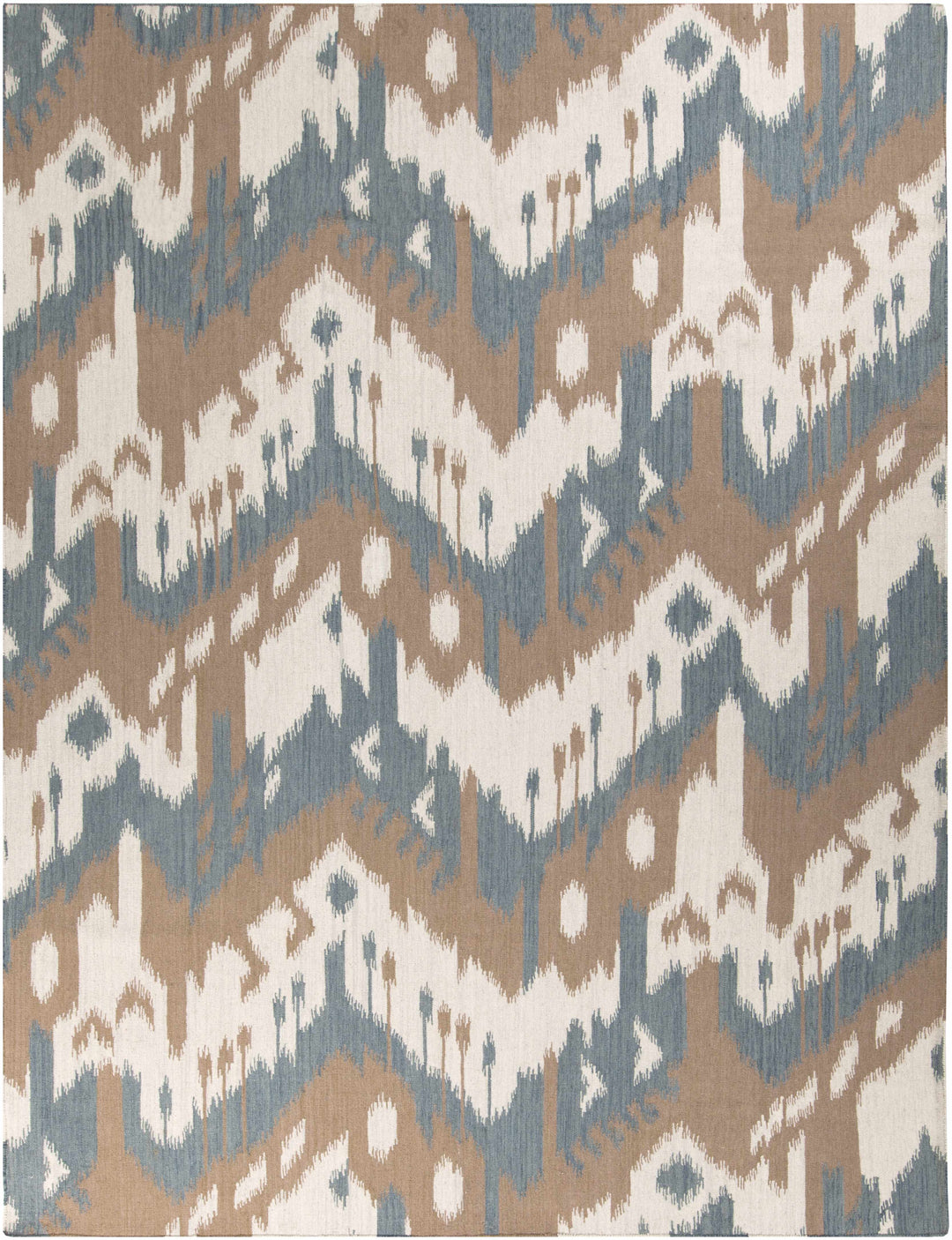Rectangular area rug featuring cream, blue, beige, and brown geometric pattern