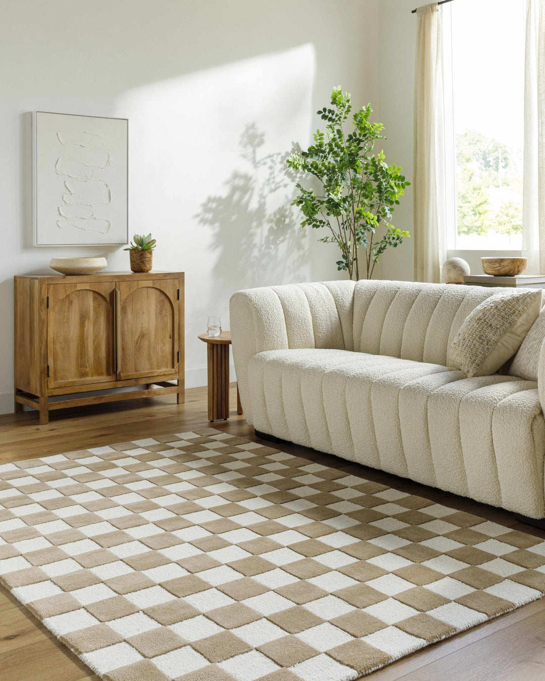 Timin checkered Camel And White Wool Area Rug - The Rug Decor