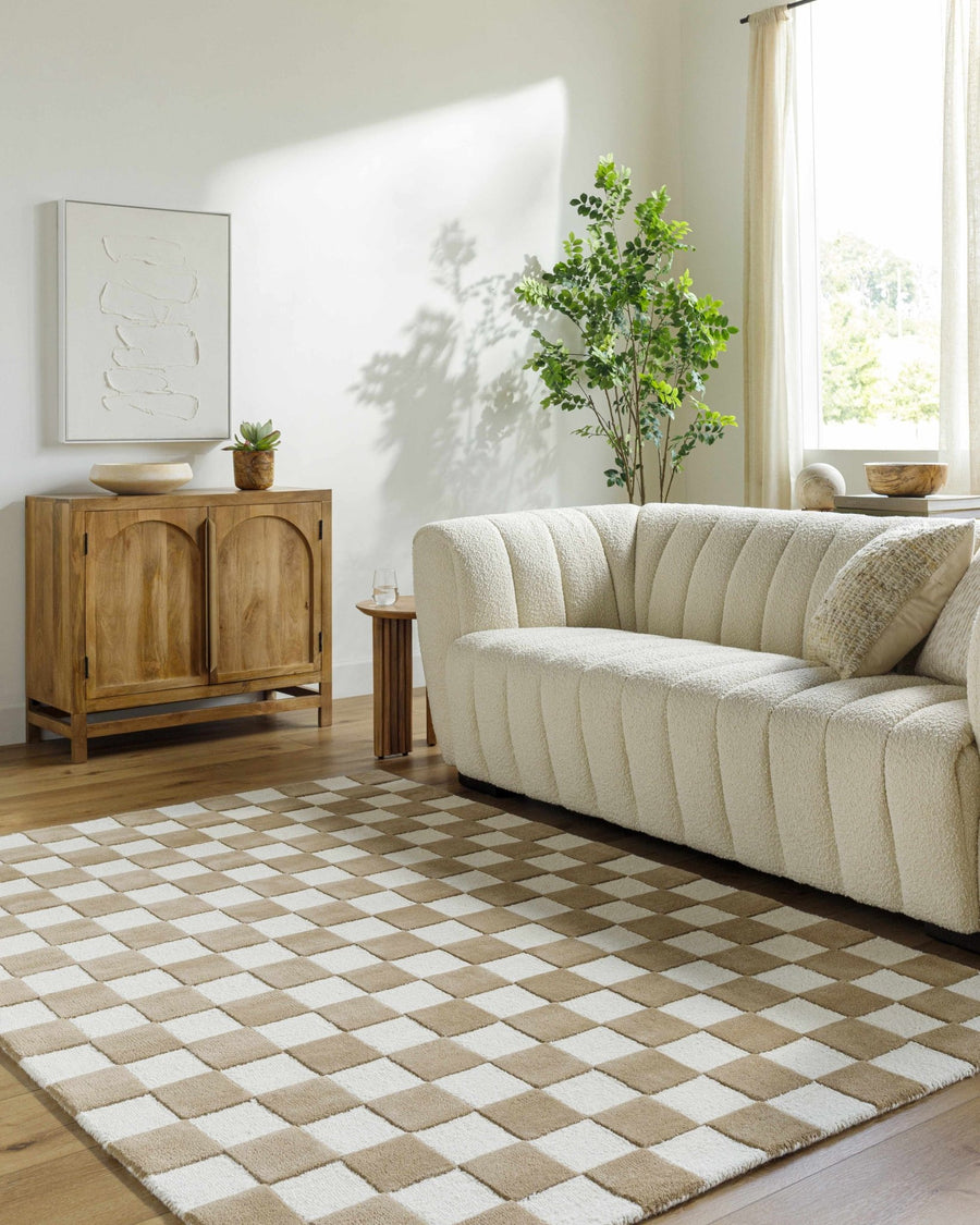 Timin checkered Camel And White Wool Area Rug - The Rug Decor