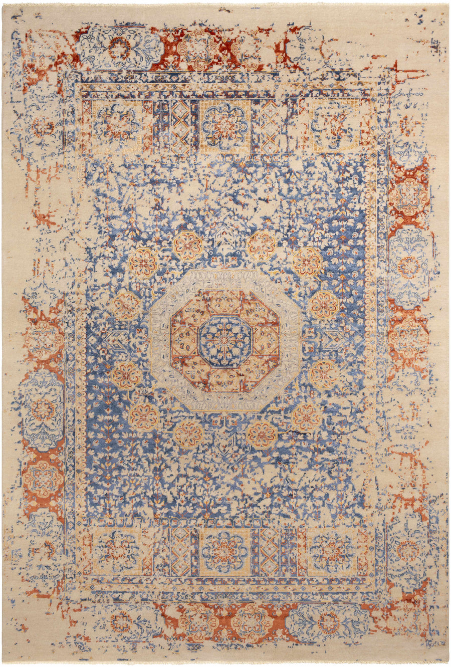 Beige and blue traditional hand-knotted area rug with orange geometric border