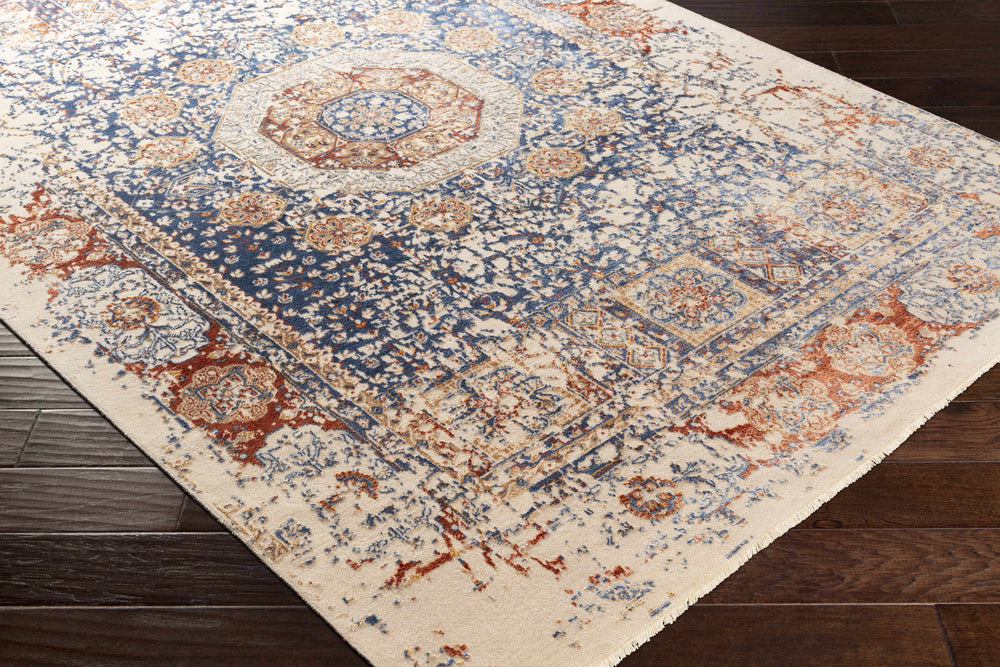 Traditional hand-knotted area rug, beige with blue center medallion and orange accents