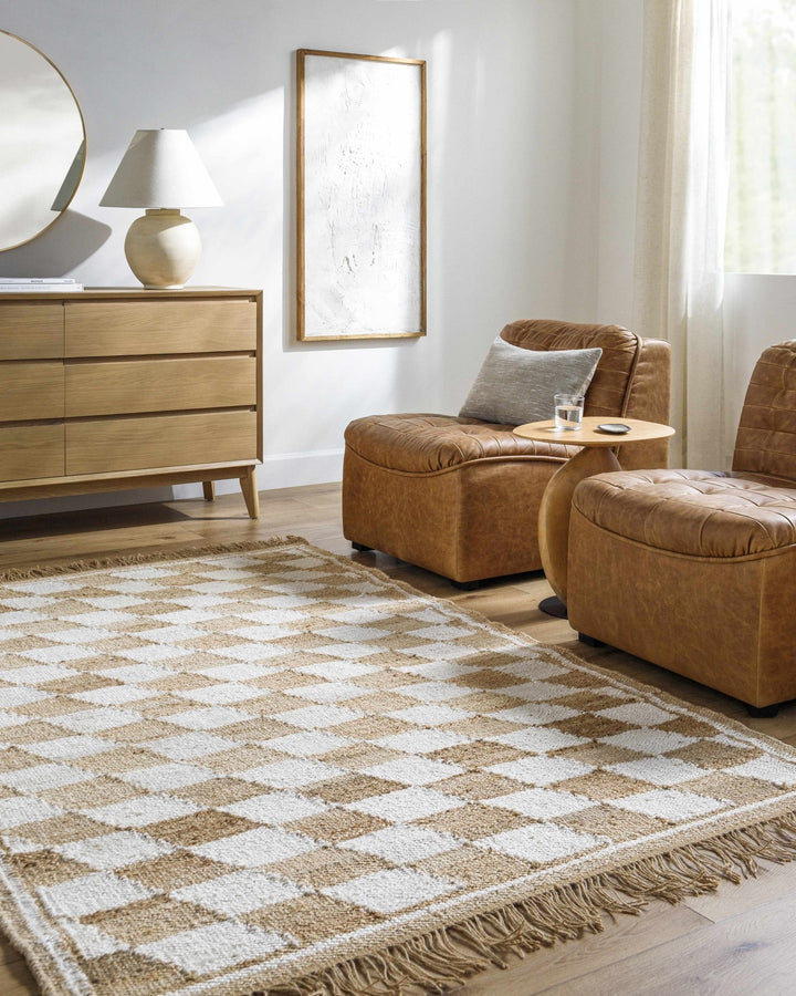 Tiria Modern Diamond Checkered Camel And White Rug - The Rug Decor