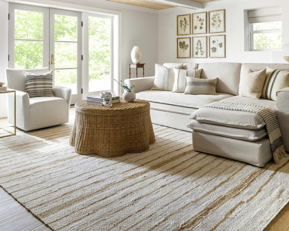 Tivon Broken Modern Striped Tan And Ivory Hand Woven Jute Rug - The Rug Decor