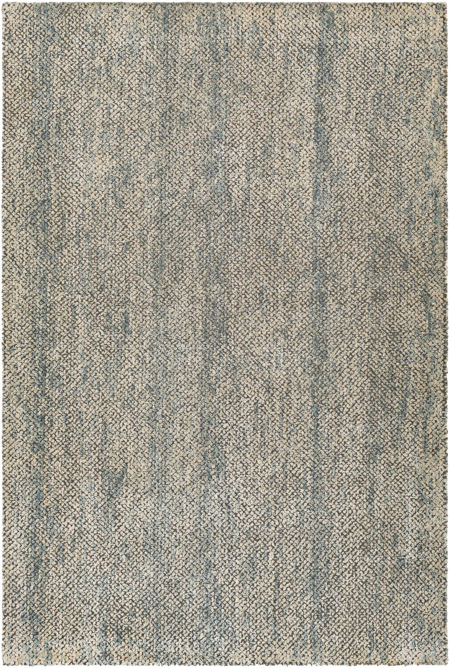 Beige and blue abstract area rug with speckled texture, rectangle