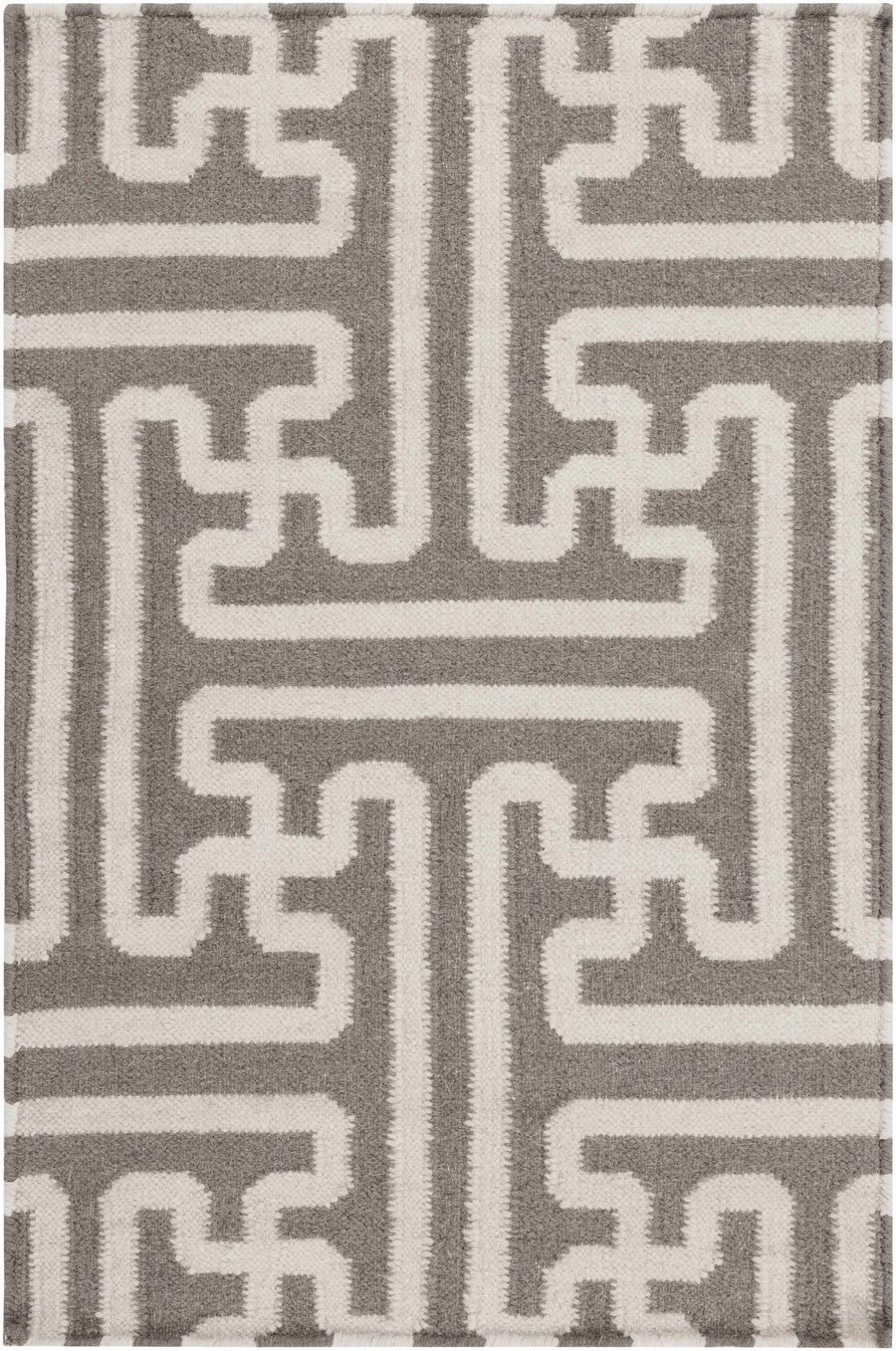 Gray and ivory geometric Greek-key rug, symmetrical central medallion close-up