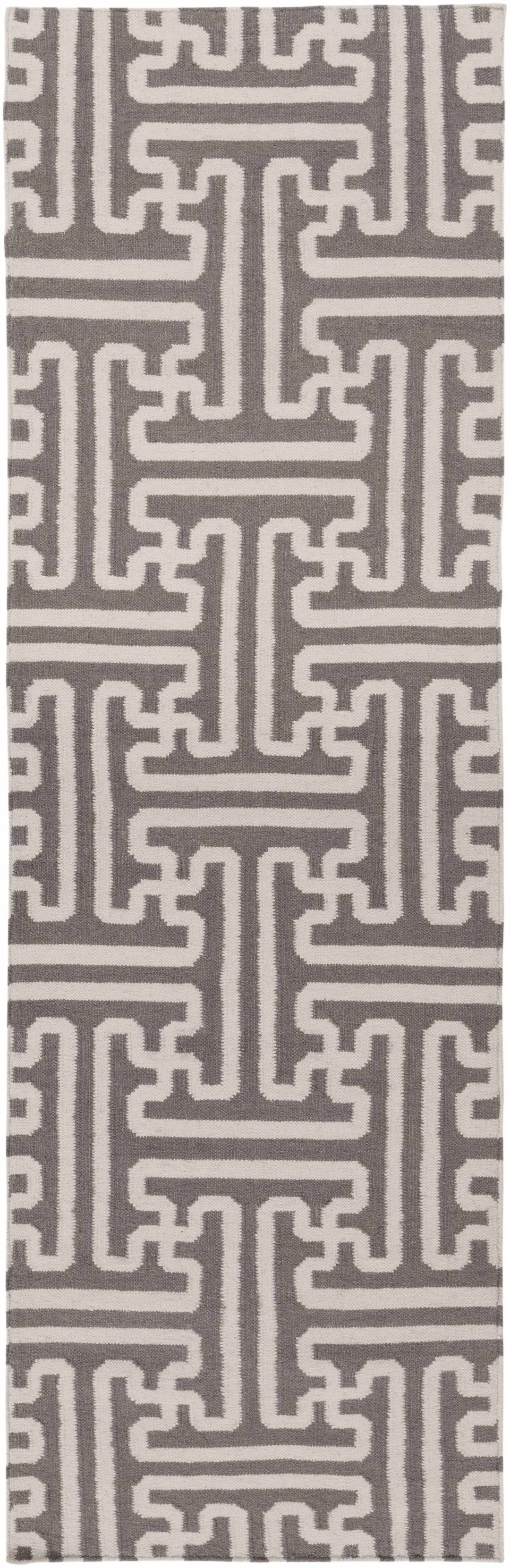 Gray and ivory geometric Greek-key area rug, close-up vertical pattern