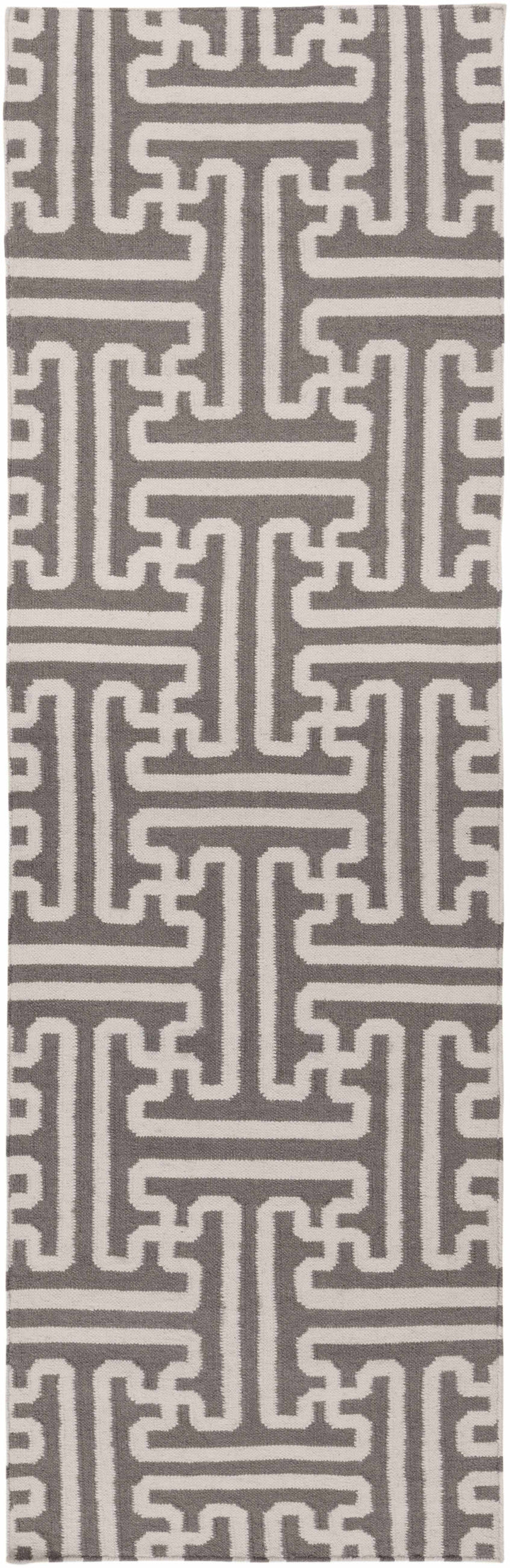 Gray and ivory geometric Greek-key area rug, close-up vertical pattern