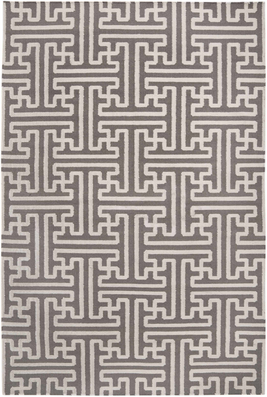 Gray and ivory geometric Greek-key area rug, repeating cross-linked motif