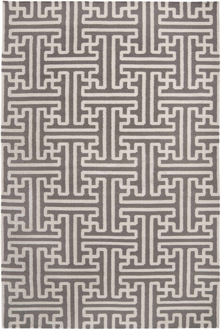 Gray and ivory geometric Greek-key area rug, repeating cross-linked motif