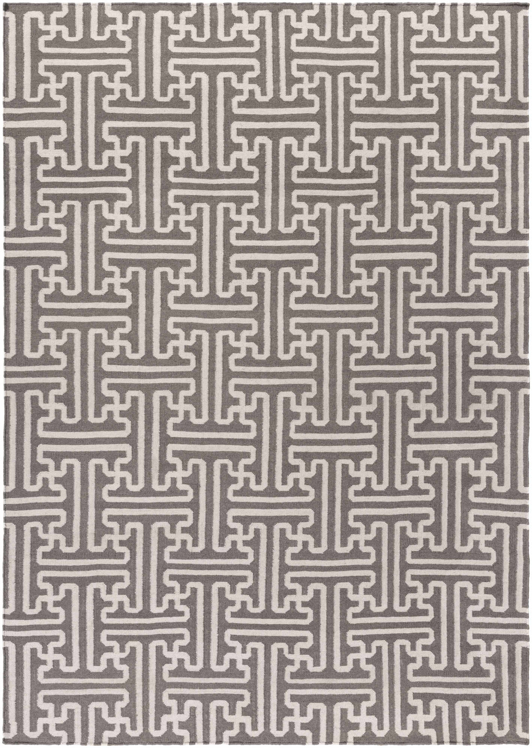 Gray and ivory Greek-key area rug, full pattern grid with vertical columns