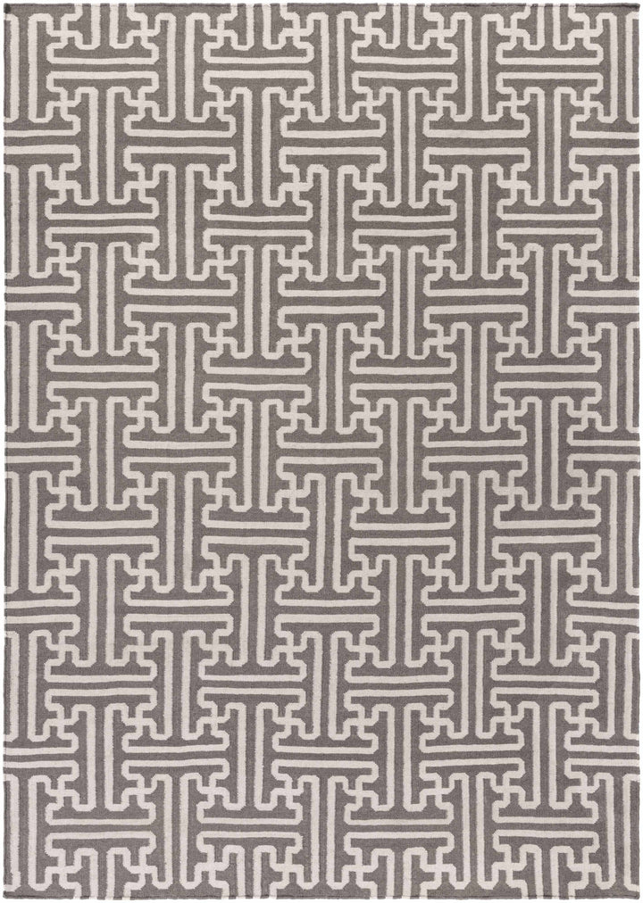 Gray and ivory Greek-key area rug, full pattern grid with vertical columns