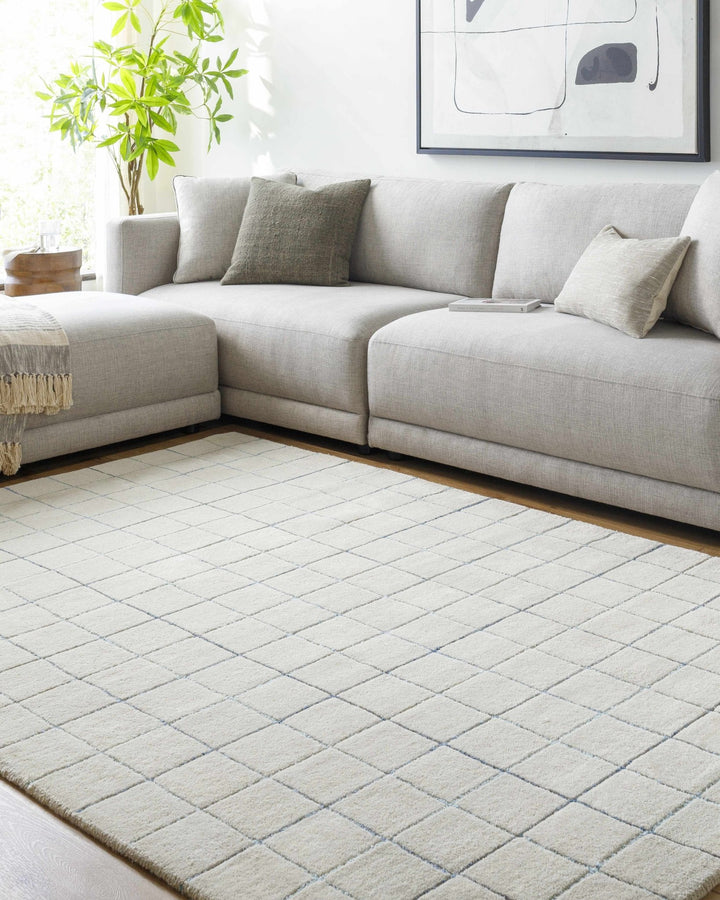 Toshi Modern Geometrical Ivory And Blue Hand Tufted Wool Rug - The Rug Decor