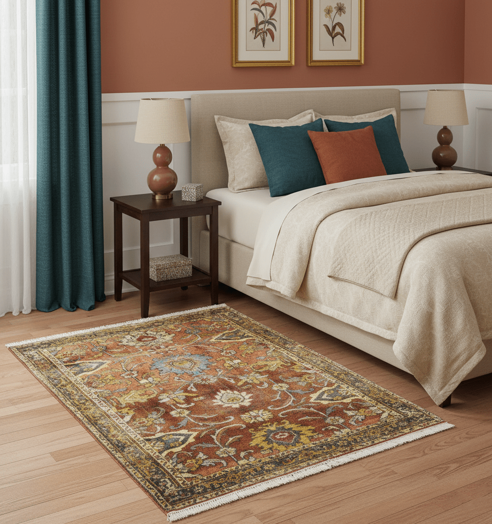 Traditional Antique Turkish Design Rust And Blue Hand Knotted 4x5 Wool Area Rug - The Rug Decor