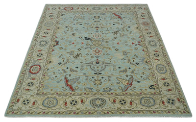 Traditional Aqua and Beige Hand knotted Oriental Oushak Custom Made wool Area Rug - The Rug Decor