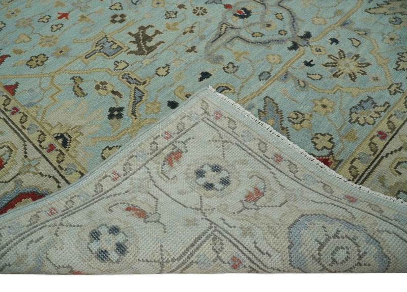 Traditional Aqua and Beige Hand knotted Oriental Oushak Custom Made wool Area Rug - The Rug Decor