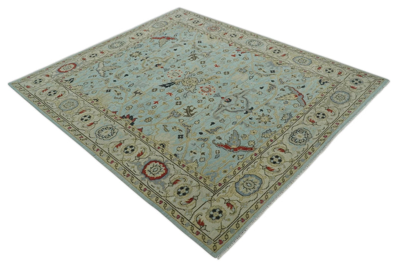 Traditional Aqua and Beige Hand knotted Oriental Oushak Custom Made wool Area Rug - The Rug Decor