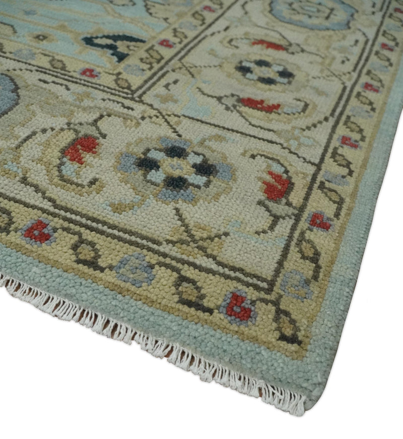 Traditional Aqua and Beige Hand knotted Oriental Oushak Custom Made wool Area Rug - The Rug Decor