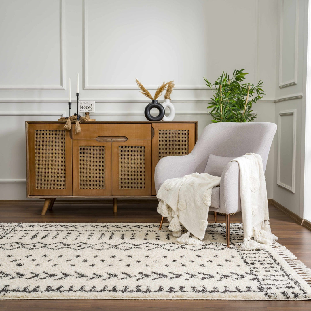 Traditional Beige and Charcoal Machine Woven Moroccan Multi size Tribal Trellis Plush Pile Turkish Rug - The Rug Decor