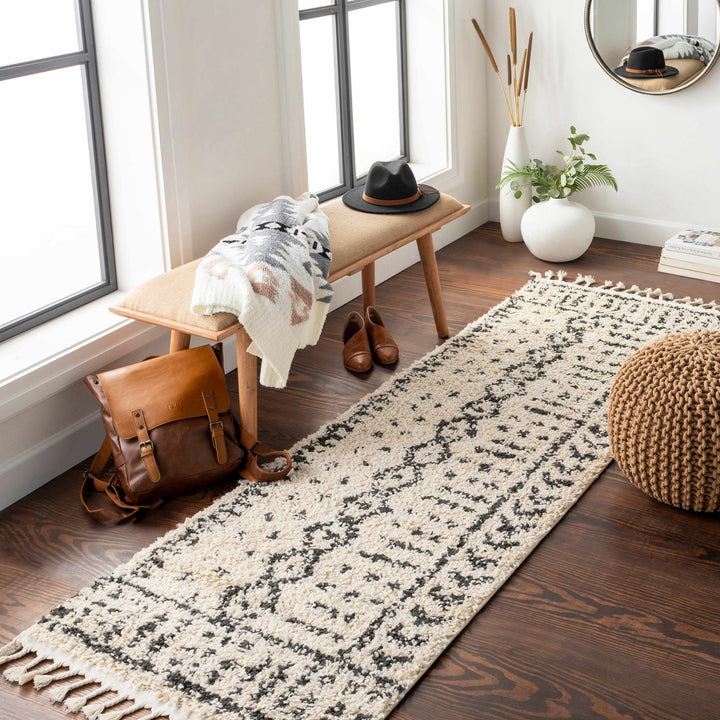 Traditional Beige and Charcoal Machine Woven Moroccan Multi size Tribal Trellis Plush Pile Turkish Rug - The Rug Decor