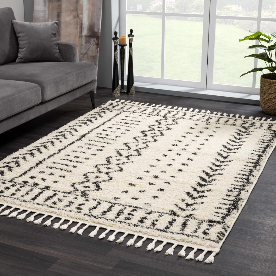 Traditional Beige and Charcoal Machine Woven Moroccan Multi size Tribal Trellis Plush Pile Turkish Rug - The Rug Decor