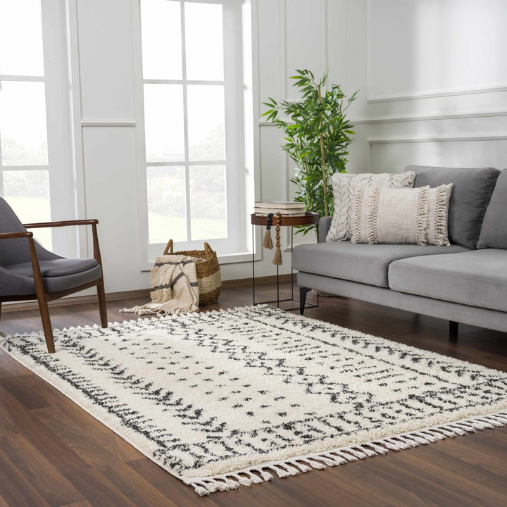 Traditional Beige and Charcoal Machine Woven Moroccan Multi size Tribal Trellis Plush Pile Turkish Rug - The Rug Decor