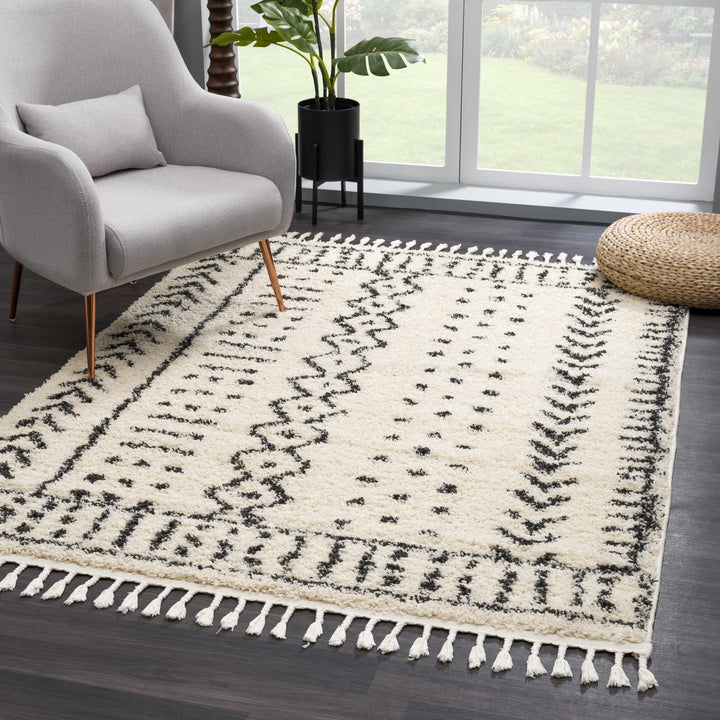 Traditional Beige and Charcoal Machine Woven Moroccan Multi size Tribal Trellis Plush Pile Turkish Rug - The Rug Decor