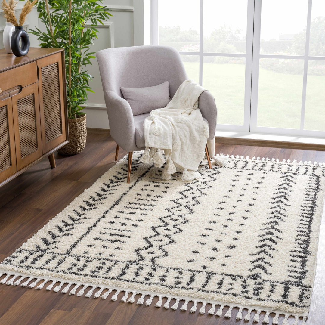 Traditional Beige and Charcoal Machine Woven Moroccan Multi size Tribal Trellis Plush Pile Turkish Rug - The Rug Decor
