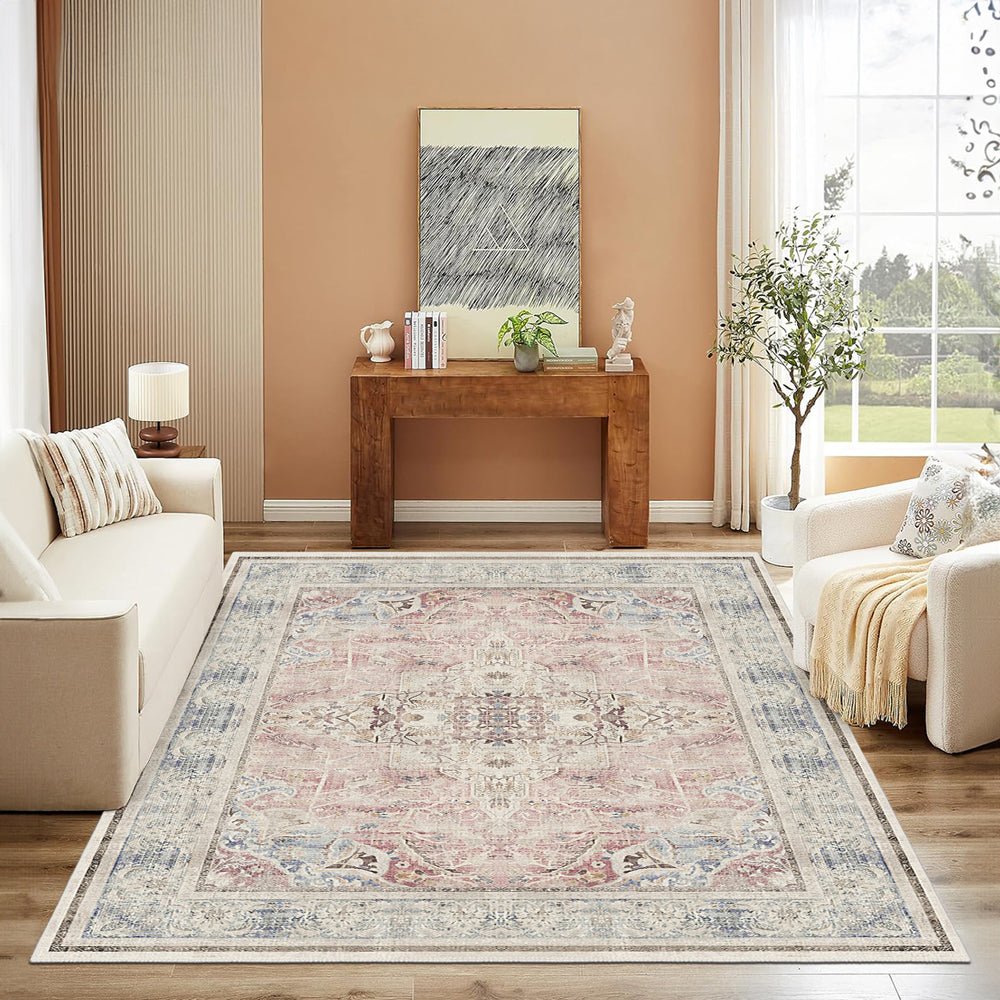 Traditional Beige And Pink Machine Washable Cotton Area Rug - The Rug Decor