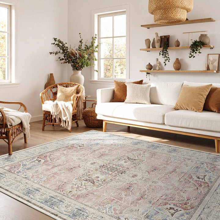 Traditional Beige And Pink Machine Washable Cotton Area Rug - The Rug Decor