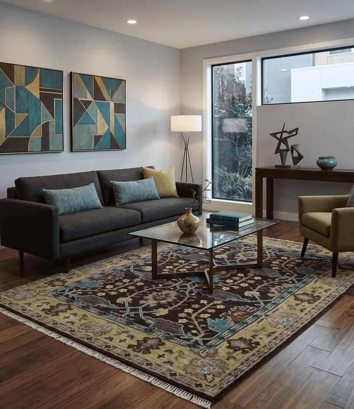Traditional Black, Beige and Blue Antique Style Hand knotted Wool Area Rug - The Rug Decor