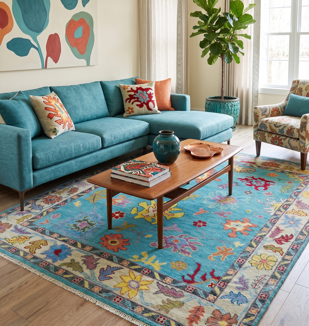 Traditional Blue and Beige Hand knotted Oushak Custom Made Wool Area Rug - The Rug Decor