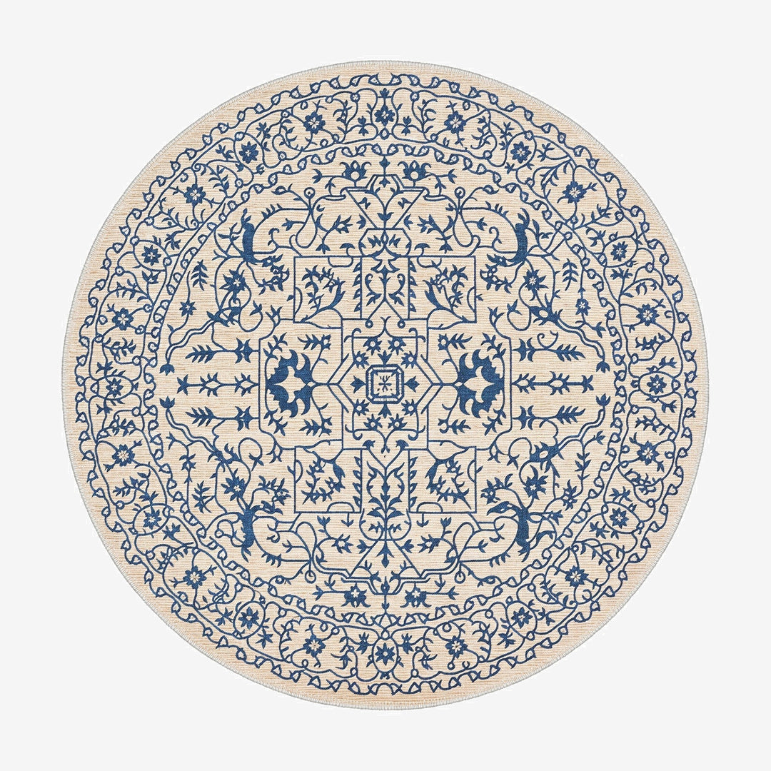 Traditional Blue And Beige Machine Washable Cotton Area Rug - The Rug Decor