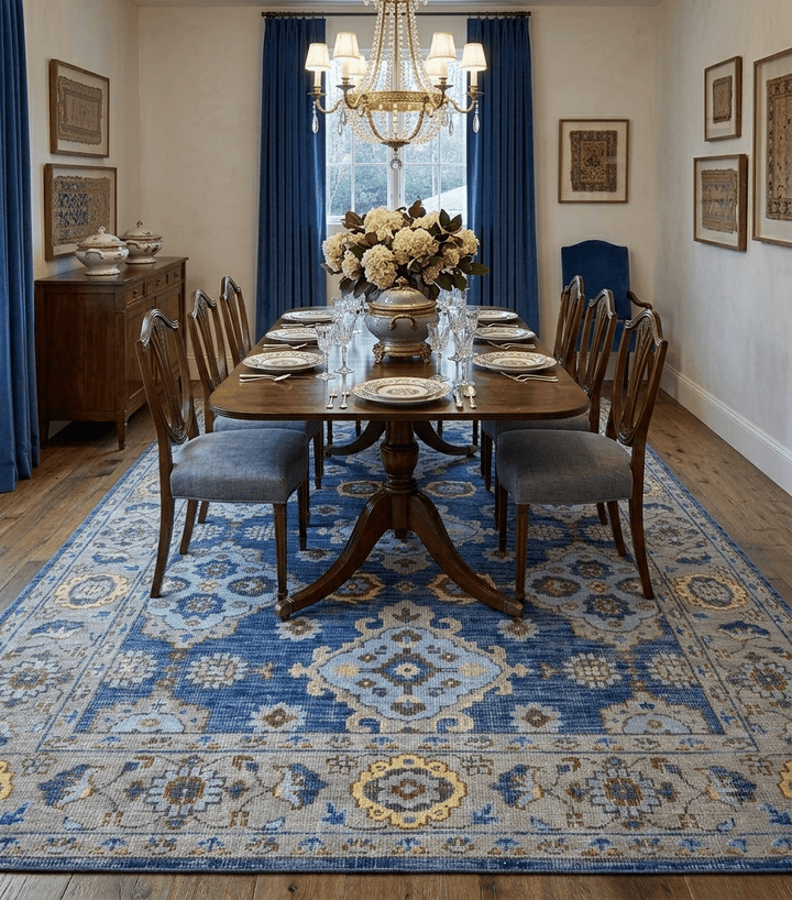 Traditional Blue and Camel Hand Knotted 8x10 Wool Area Rug - The Rug Decor