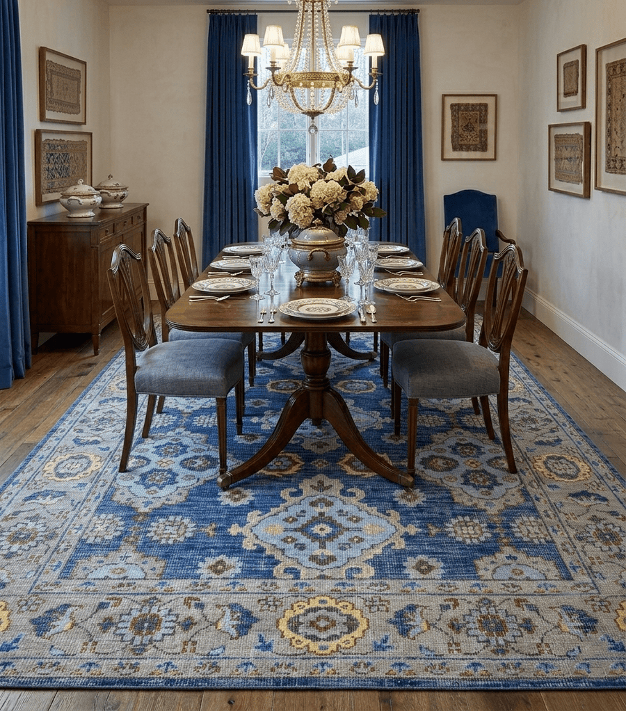 Traditional Blue and Camel Hand Knotted 8x10 Wool Area Rug - The Rug Decor