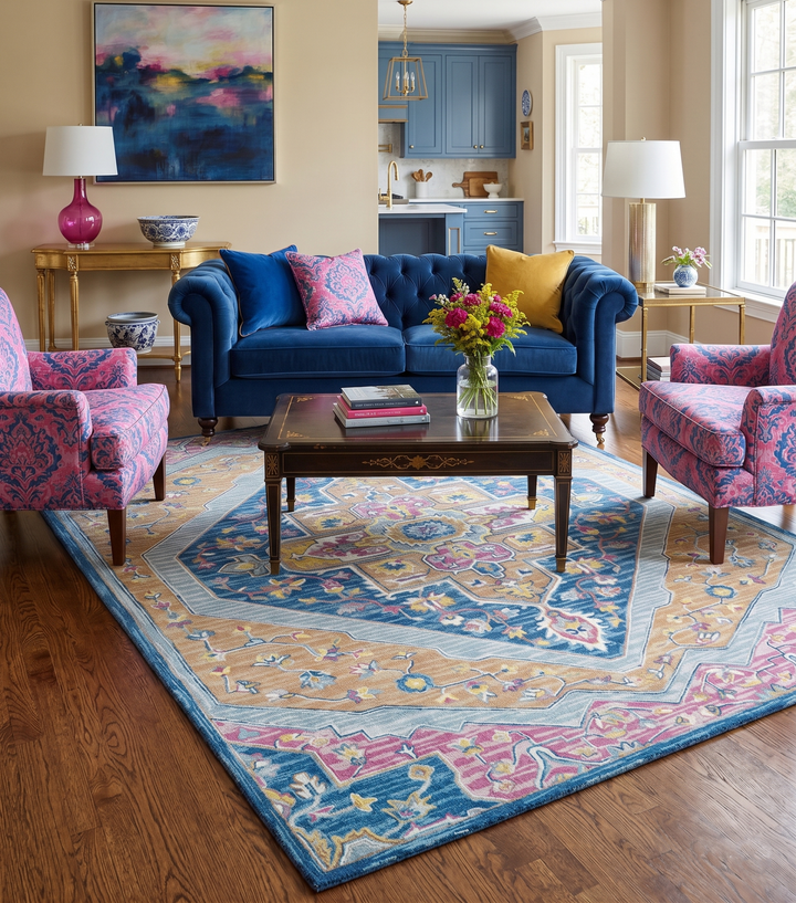 Traditional Blue and Camel Textured Loop Wool Hand Tufted Area Rug - The Rug Decor