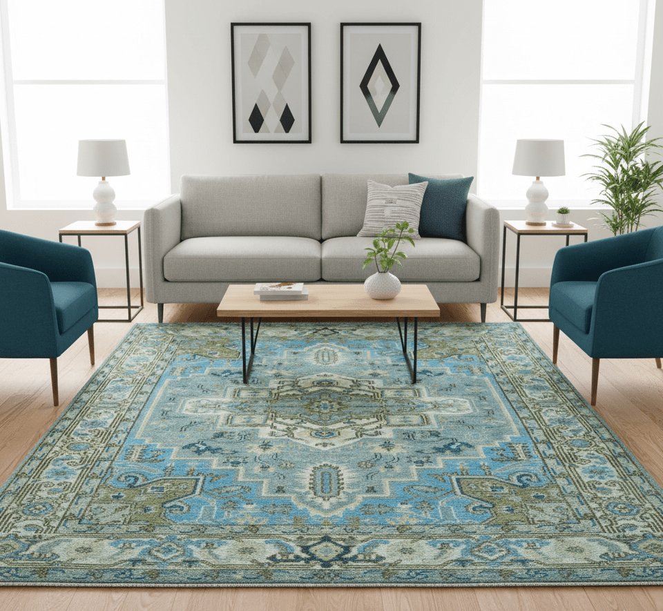 Traditional Blue And Gray Oushak Hand knotted Wool Area Rug - The Rug Decor